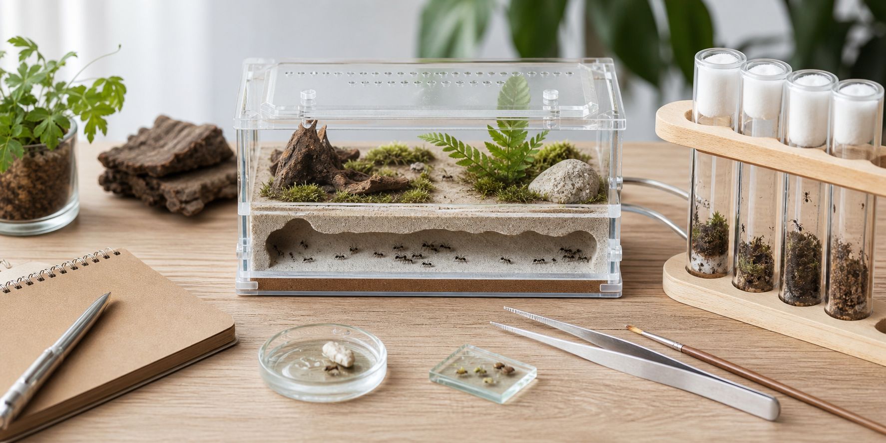 A tidy ant keeping workspace: a formicarium with a cross-section nest, test tube colonies in a rack, feeding dishes and tweezers on a wooden desk.